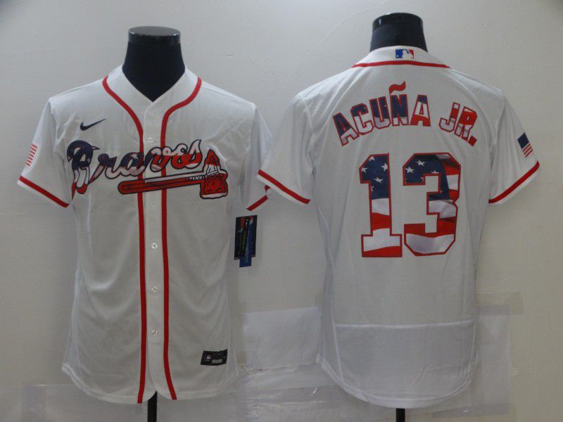 Men Atlanta Braves #13 Acuna jr White USA Flag Limited Edition Elite Nike 2021 MLB Jersey